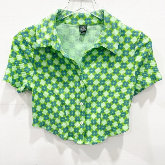 Wild Fable Green Ribbed Retro Button Down Crop Shirt Top - Picture 1 of 8